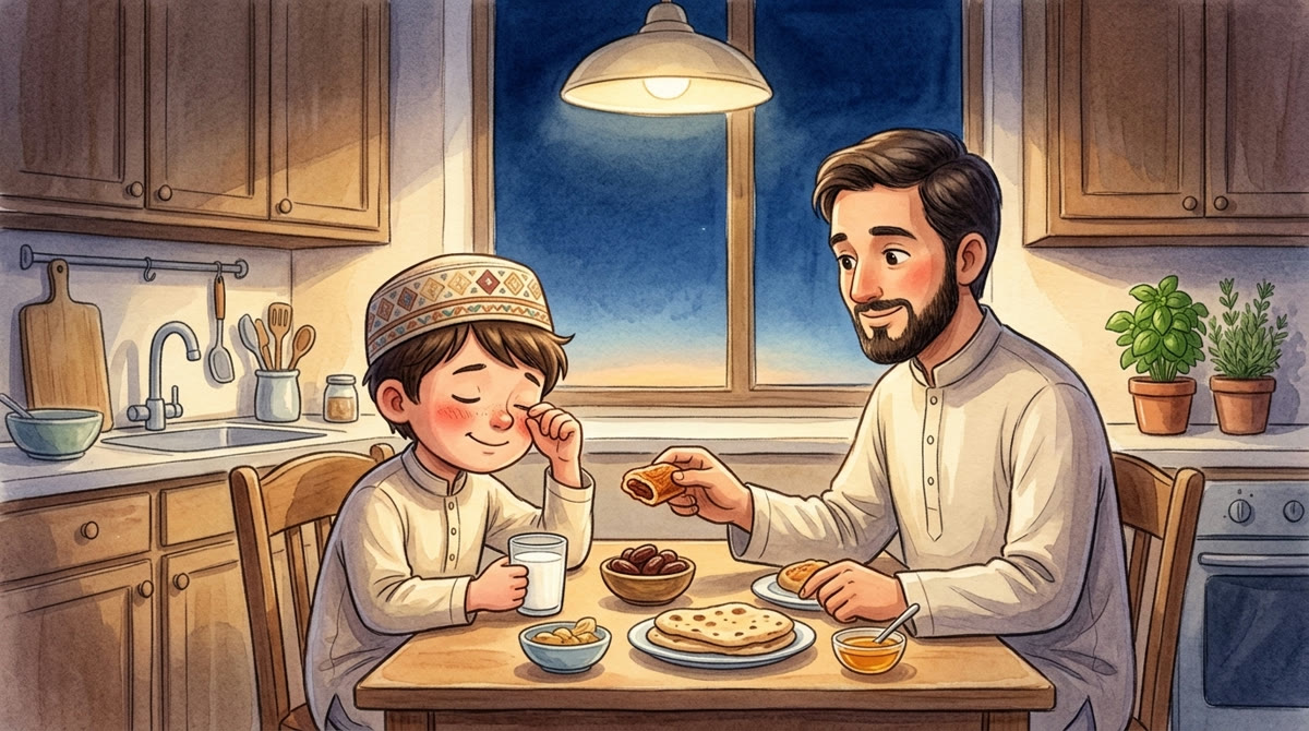 Un garçon prend le souhour avec son papa avant l'aube