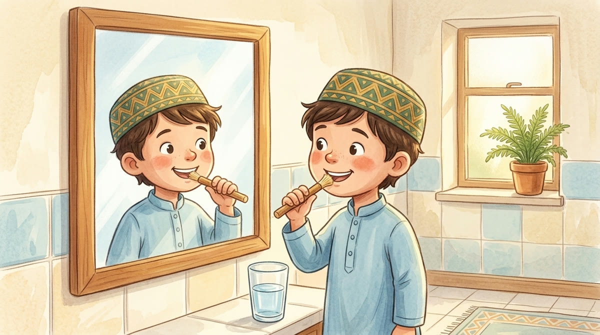Un garçon se brosse les dents avec un miswâk