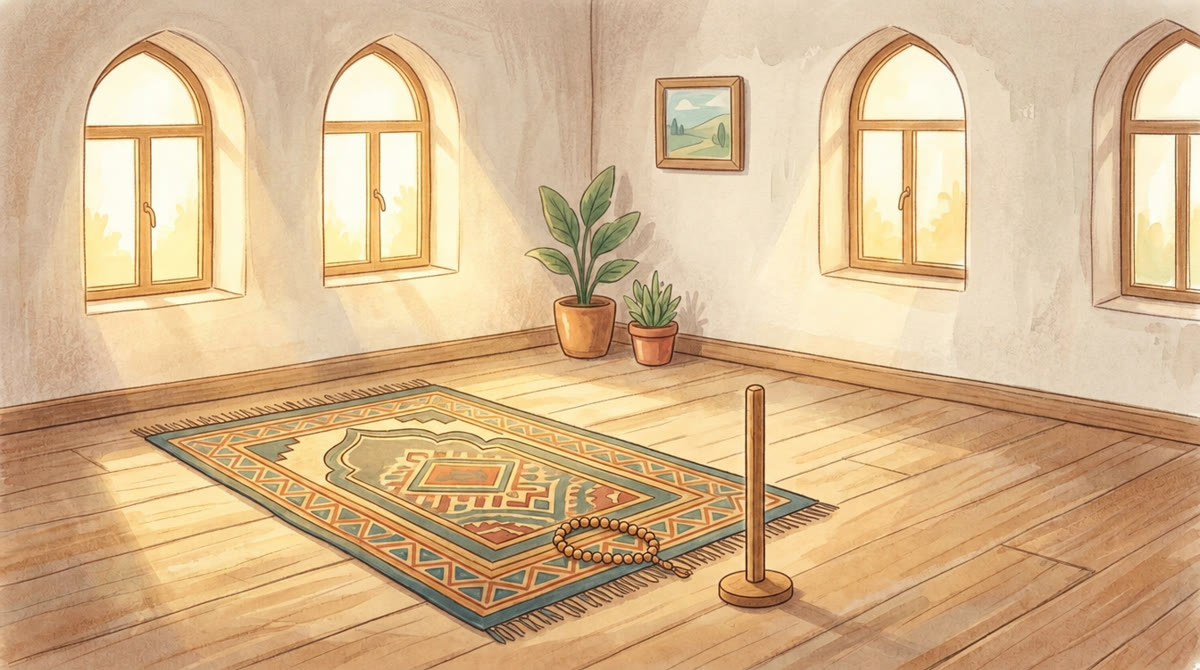 Un tapis de prière et une petite soutrah posée devant
