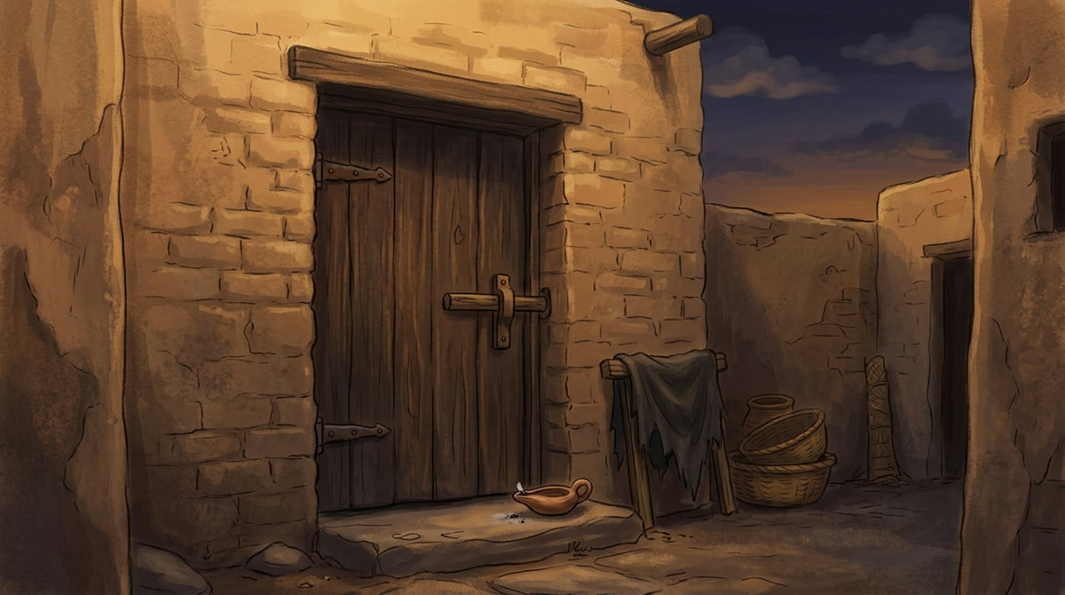 La porte fermée d'une maison, le soir, la lampe éteinte