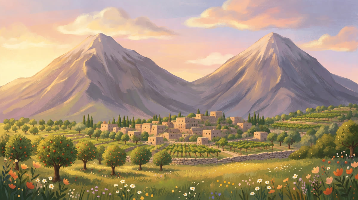 Deux grandes montagnes au-dessus des vergers de Tâïf