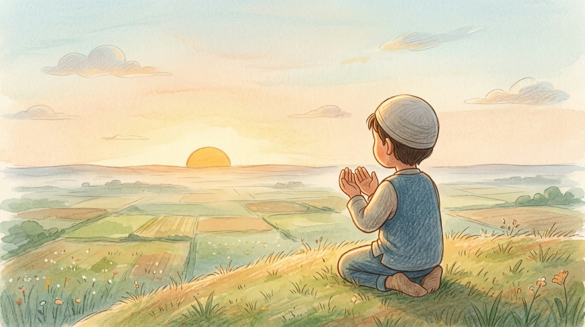 Un enfant fait un dou'â sous le ciel du matin