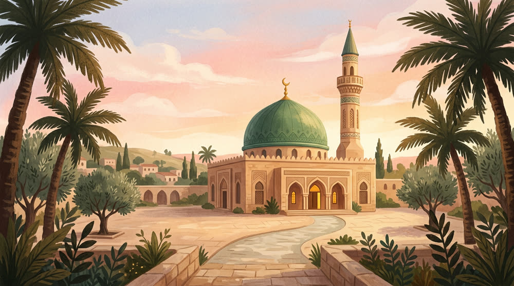 Un dôme vert et son minaret à l'aube