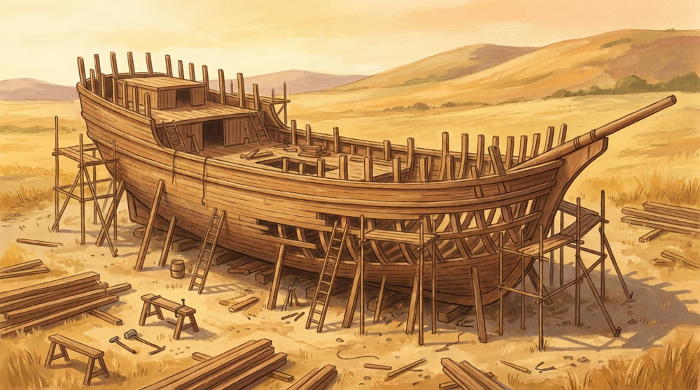 Un immense bateau en construction, loin de la mer