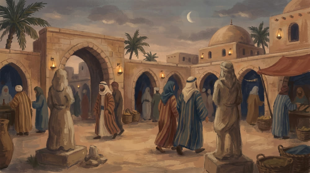 Des idoles de pierre au centre d'une cour, à la tombée du jour