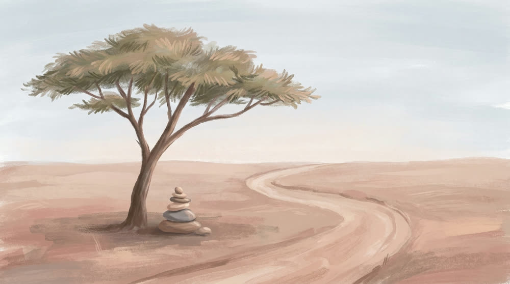Un acacia solitaire au bord de la route, à Abwâ