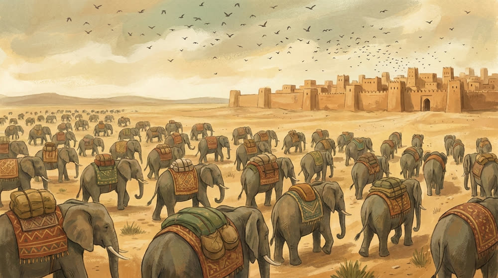 L'armée des éléphants arrêtée devant la ville, les oiseaux dans le ciel
